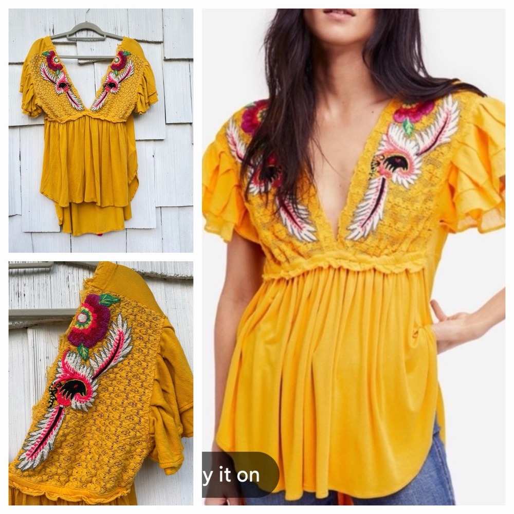 Free People Top Small Mustard Yellow Embroidered Boho Flutter Sleeve High Low